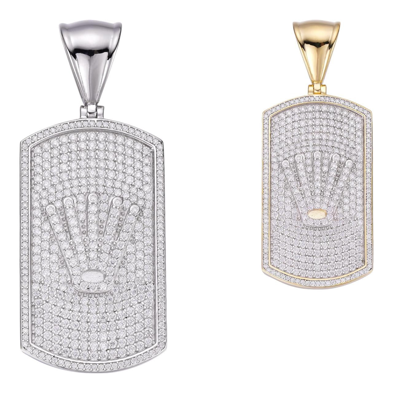 MOISSANITE Rolex Crown King Dog Tag Iced Out Pendant - 14k Gold Vermeil Or 925 Silver - Medium 2.25"