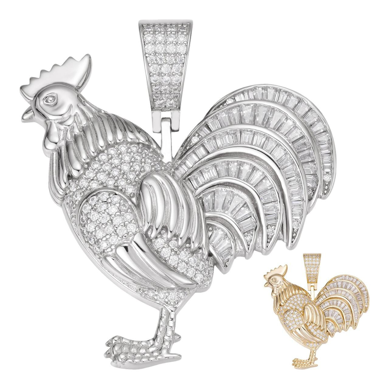 MOISSANITE Rooster Gallo Iced Out Pendant - 14k Gold Vermeil Or 925 Silver - Small 1.5"