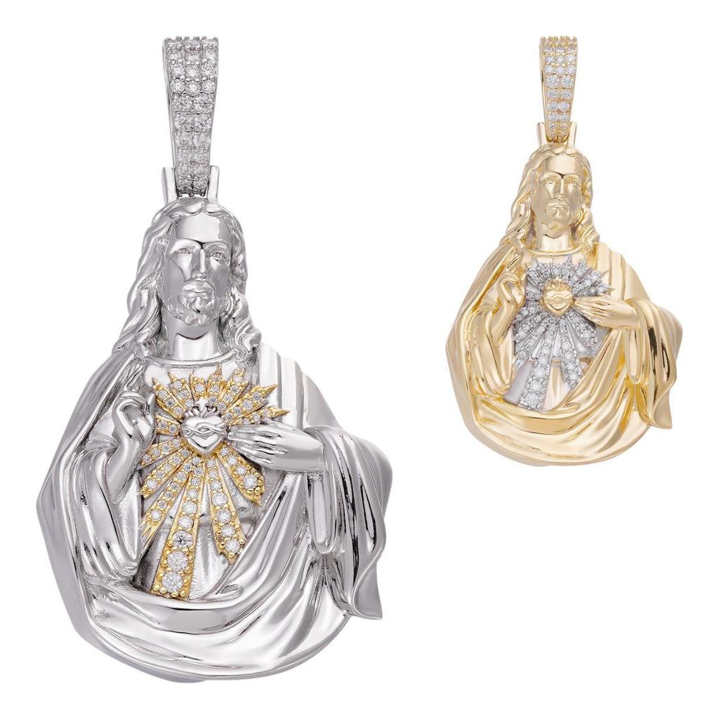 MOISSANITE Sacred Heart Jesus Pendant - 14k Gold Vermeil Or 925 Silver - Large 2.5"