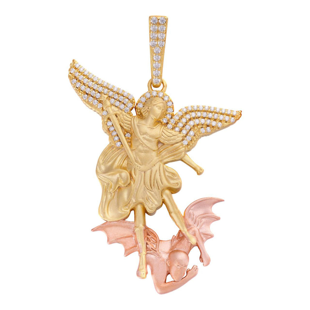 MOISSANITE Saint Michael Archangel Slaying Dragon Pendant - Sandblasted Matte Finish 14k Gold Vermeil and Rose Gold Vermeil 925 Silver  - 3 Sizes 1.25"-3"