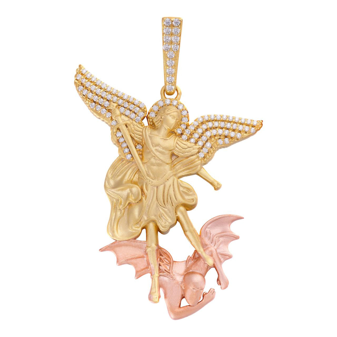 MOISSANITE Saint Michael Archangel Slaying Dragon Pendant - Sandblasted Matte Finish 14k Gold Vermeil and Rose Gold Vermeil 925 Silver  - 3 Sizes 1.25"-3"