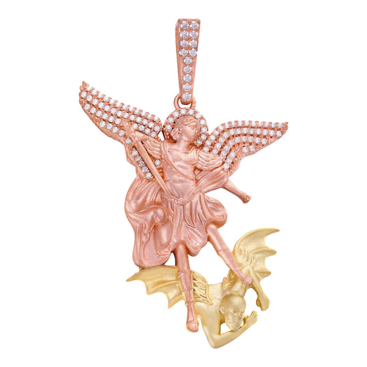 MOISSANITE Saint Michael Archangel Slaying Dragon Pendant - Sandblasted Matte Finish Rose Gold Vermeil & 14k Gold Vermeil 925 Silver - 3 Sizes 1.25"-3"