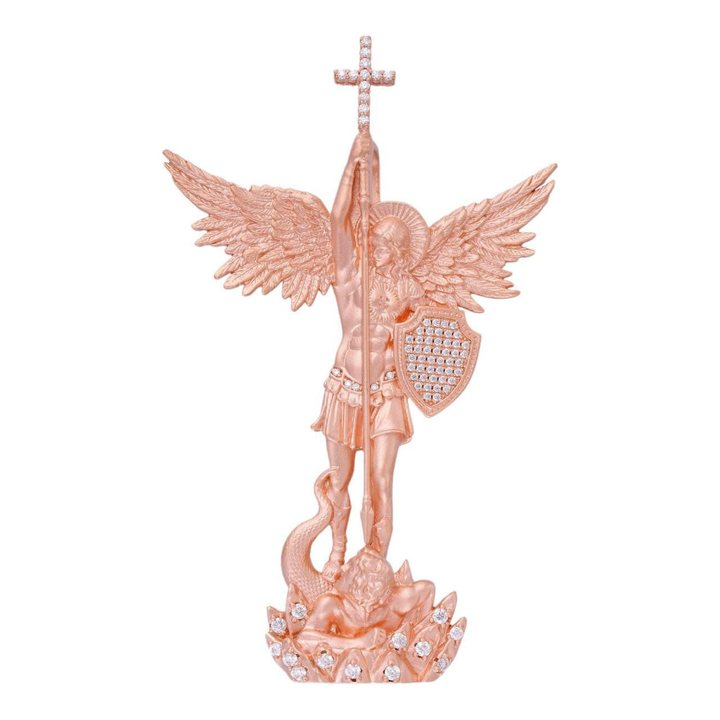MOISSANITE Saint Michael Slaying Dragon Archangel Pendant - Sandblasted Matte Finish 14k Rose Vermeil 925 Silver - 3 Sizes 1"-3"