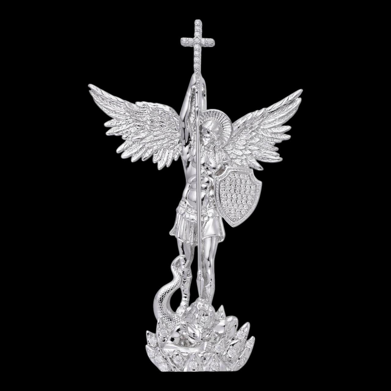 MOISSANITE Saint St Michael Slaying Dragon Archangel Pendant - 10k White Gold - 3 Sizes 1"-3"