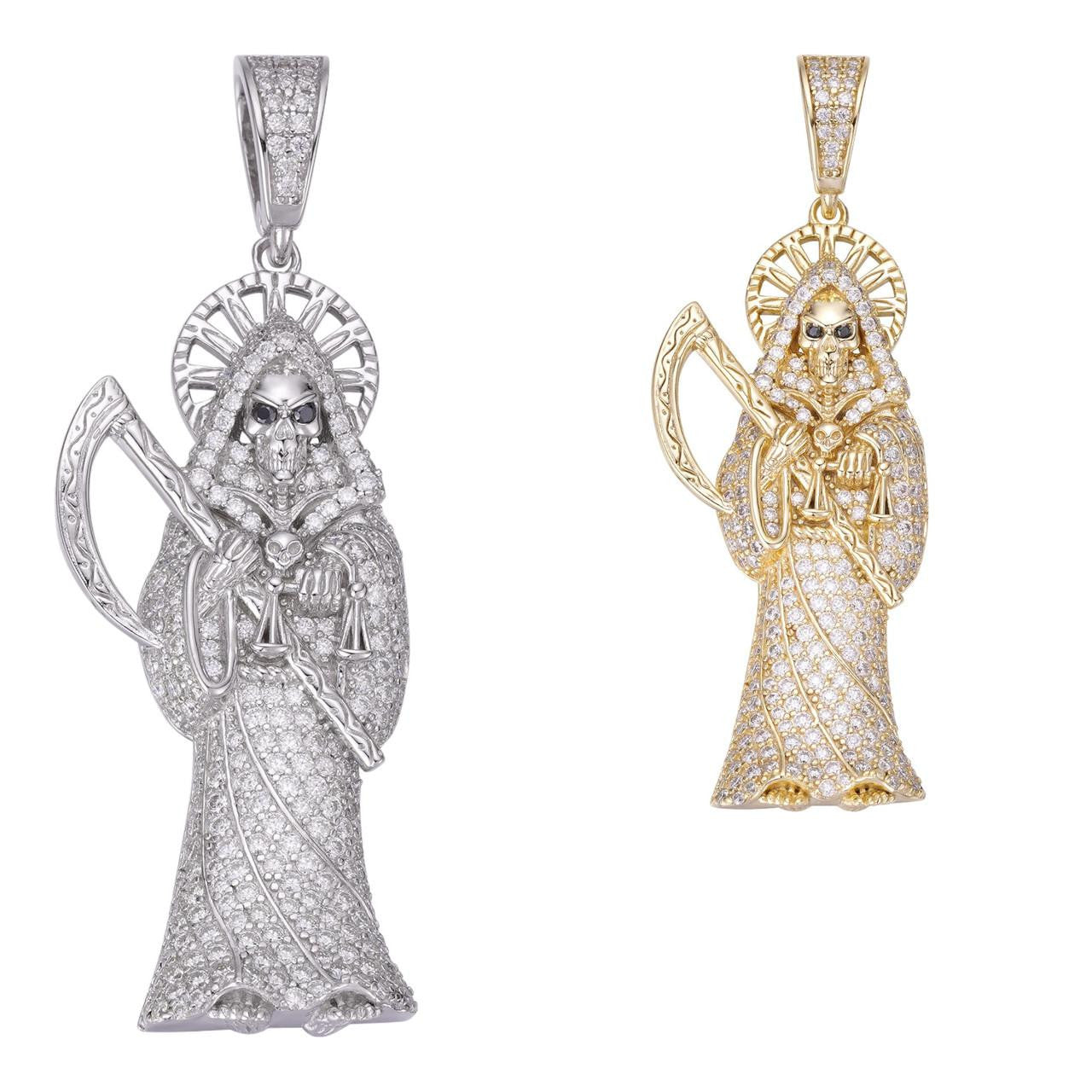 MOISSANITE Santa Muerte Grim Reaper Iced Out Pendant - 14k Gold Vermeil Or 925 Silver - Large 2.5"