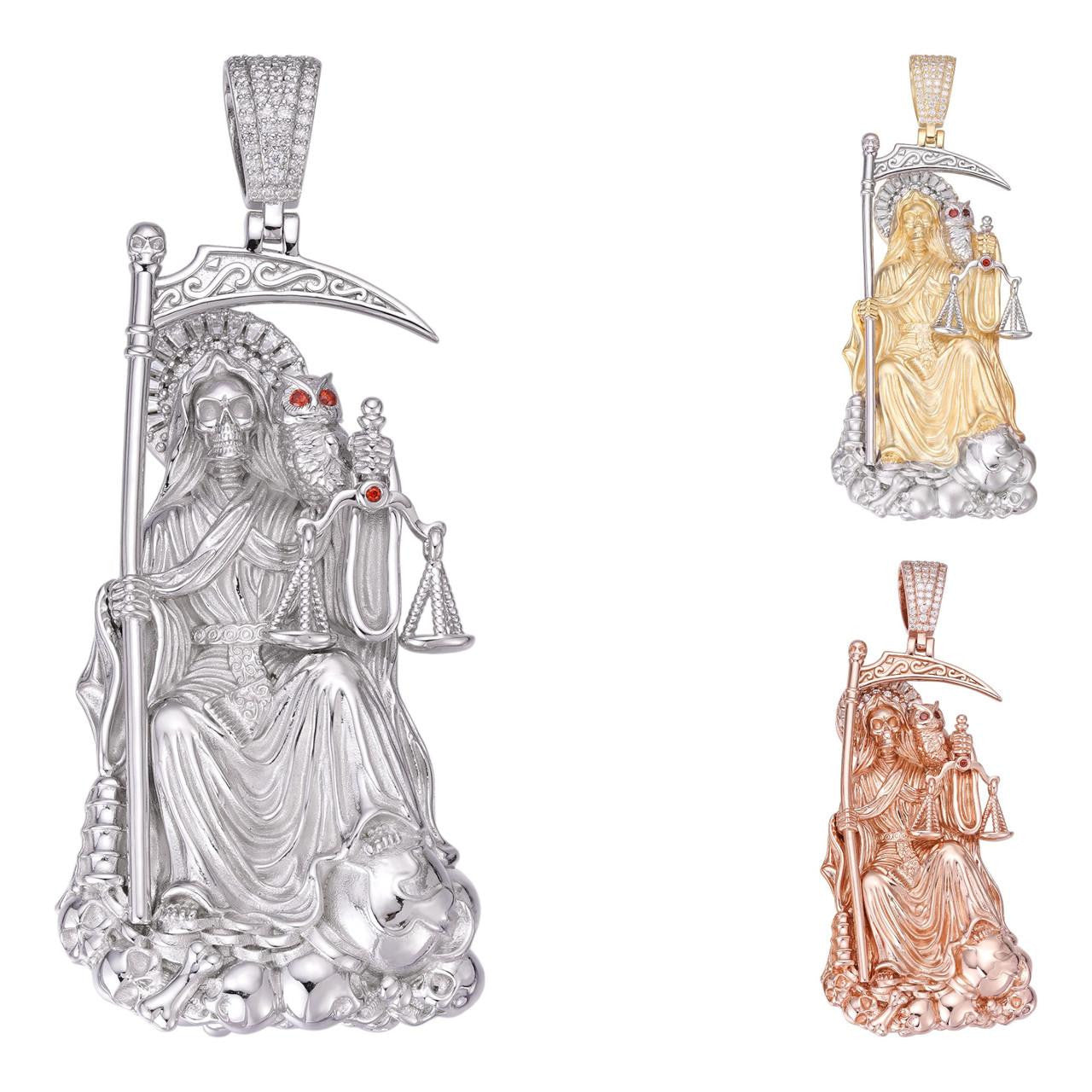 MOISSANITE Santa Muerte Grim Reaper Pendant - 14k Yellow/Rose Gold Vermeil or 925 Silver - Large 3"