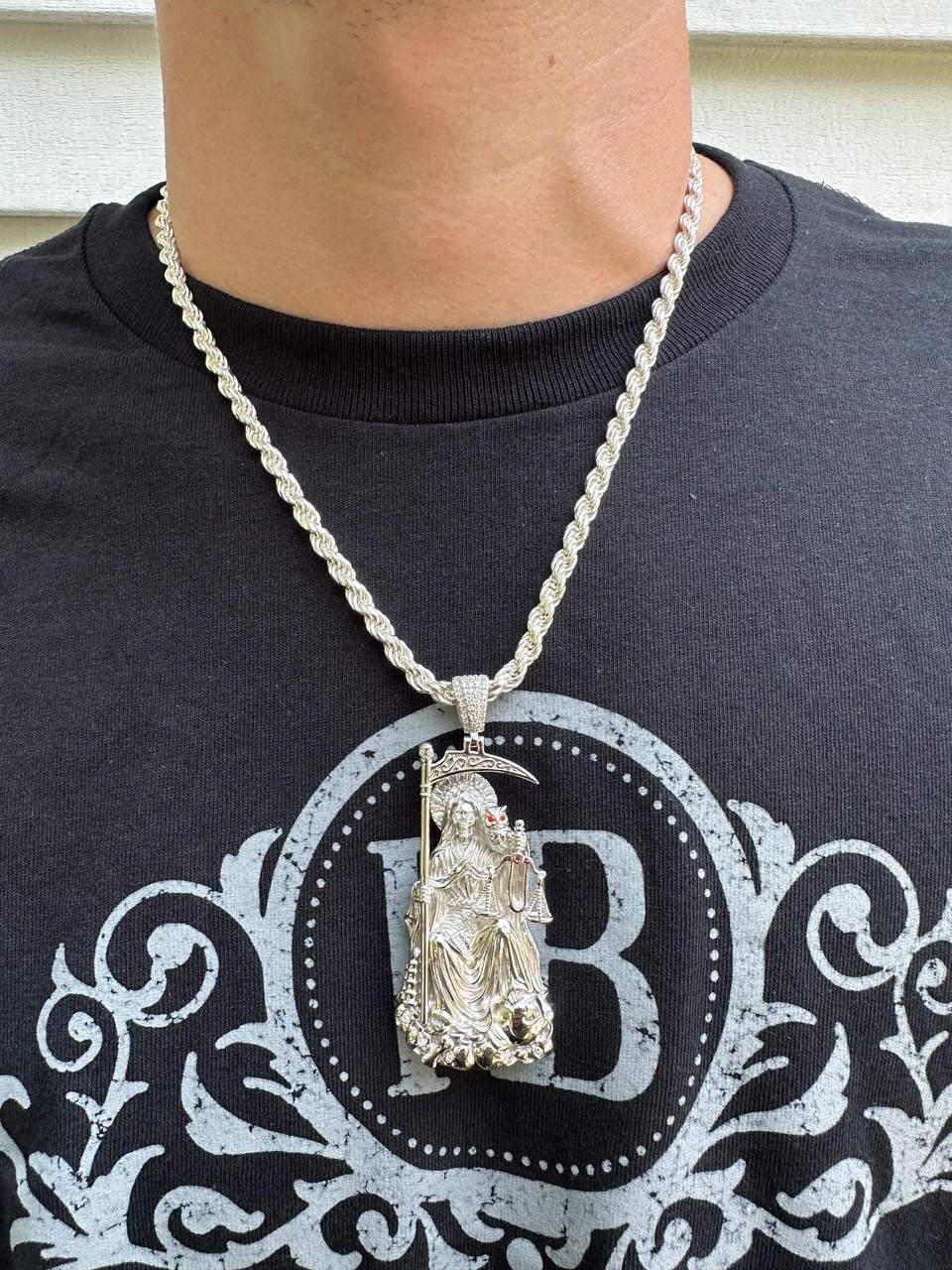 MOISSANITE Santa Muerte Grim Reaper Pendant - 14k Yellow/Rose Gold Vermeil or 925 Silver - Large 3"