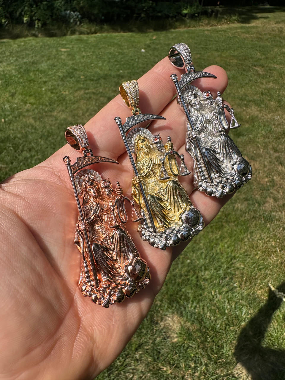 MOISSANITE Santa Muerte Grim Reaper Pendant - 14k Yellow/Rose Gold Vermeil or 925 Silver - Large 3"