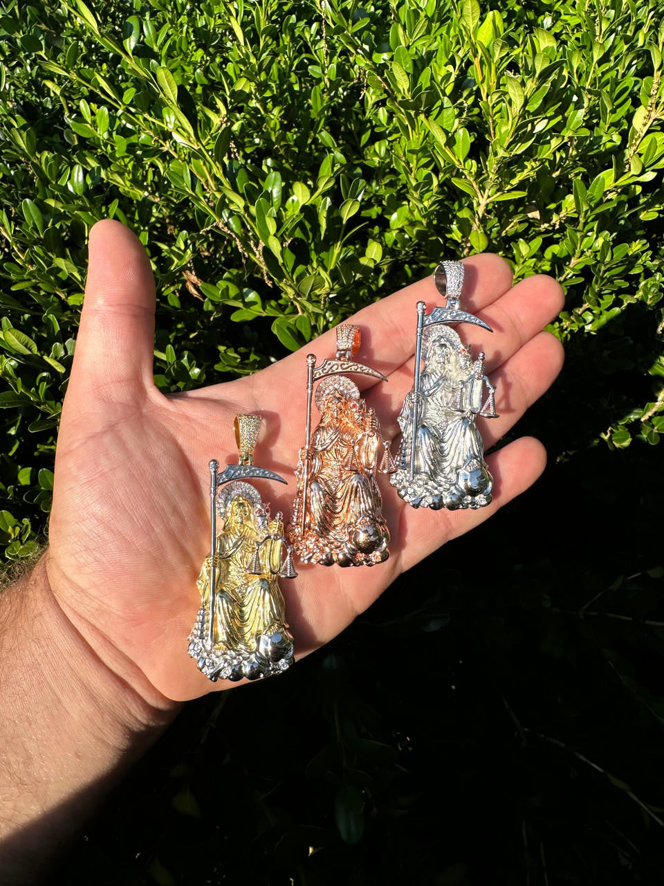 MOISSANITE Santa Muerte Grim Reaper Pendant - 14k Yellow/Rose Gold Vermeil or 925 Silver - Large 3"