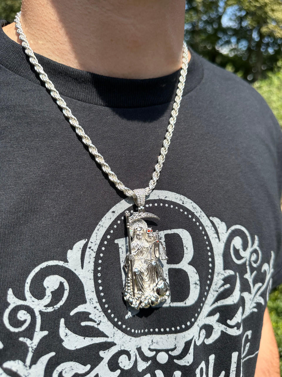 MOISSANITE Santa Muerte Grim Reaper Pendant - 14k Yellow/Rose Gold Vermeil or 925 Silver - Large 3"