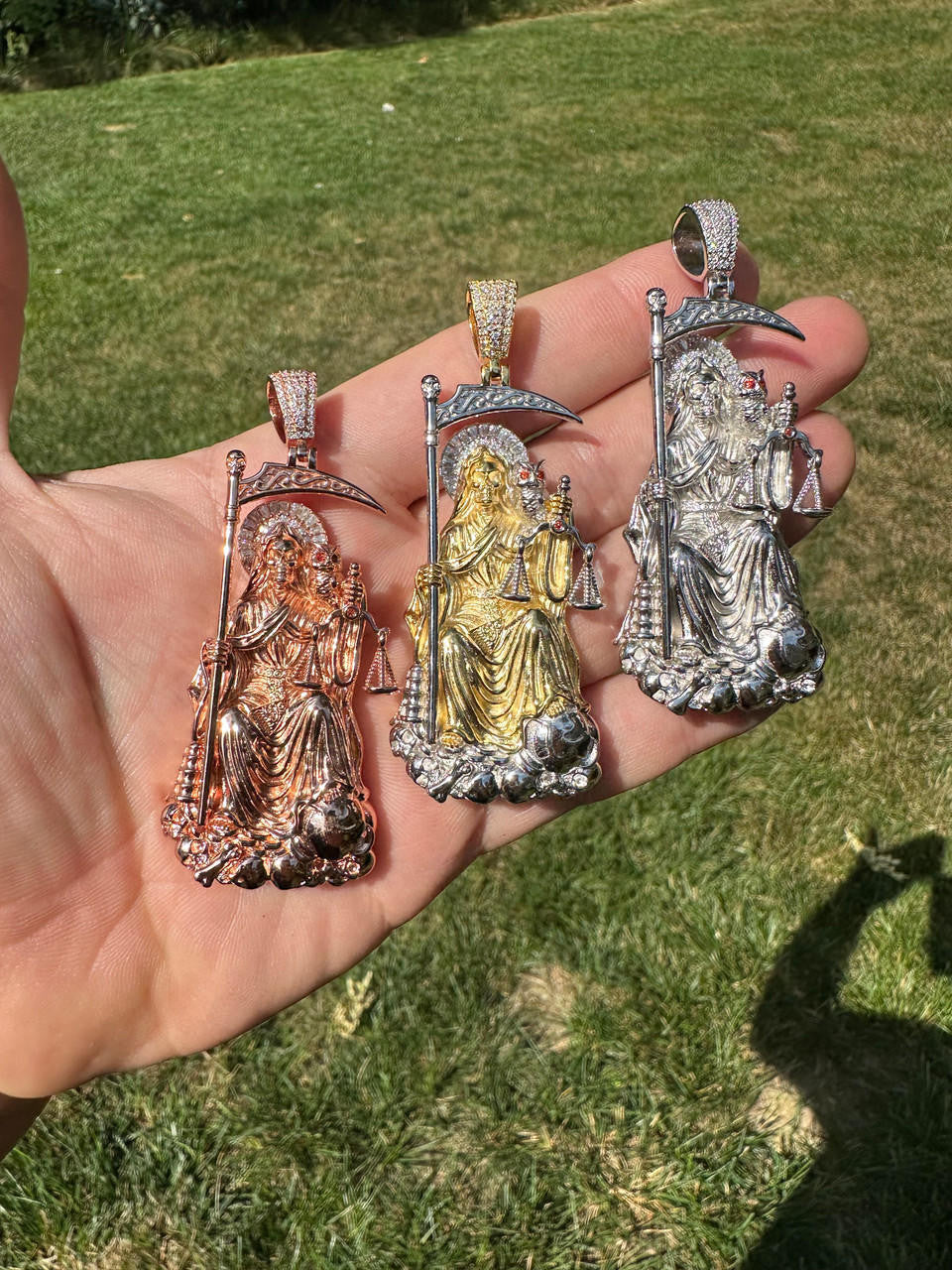 MOISSANITE Santa Muerte Grim Reaper Pendant - 14k Yellow/Rose Gold Vermeil or 925 Silver - Large 3"