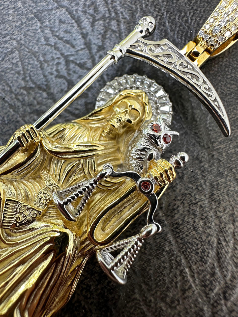 MOISSANITE Santa Muerte Grim Reaper Pendant - 14k Yellow/Rose Gold Vermeil or 925 Silver - Large 3"