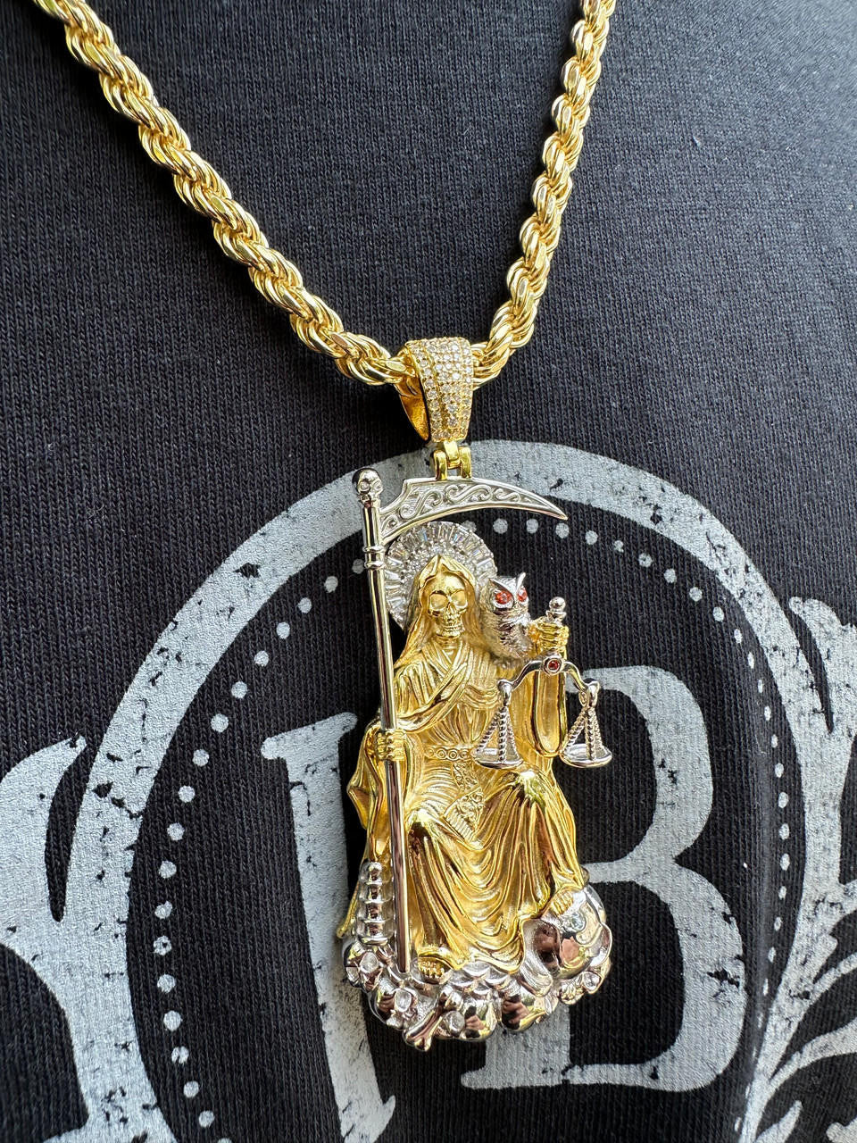 MOISSANITE Santa Muerte Grim Reaper Pendant - 14k Yellow/Rose Gold Vermeil or 925 Silver - Large 3"