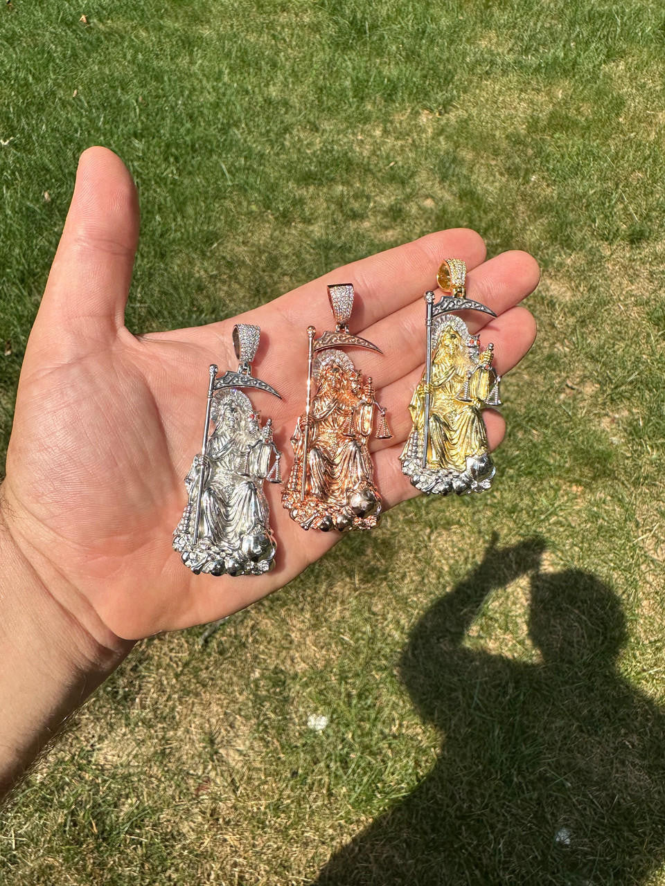 MOISSANITE Santa Muerte Grim Reaper Pendant - 14k Yellow/Rose Gold Vermeil or 925 Silver - Large 3"