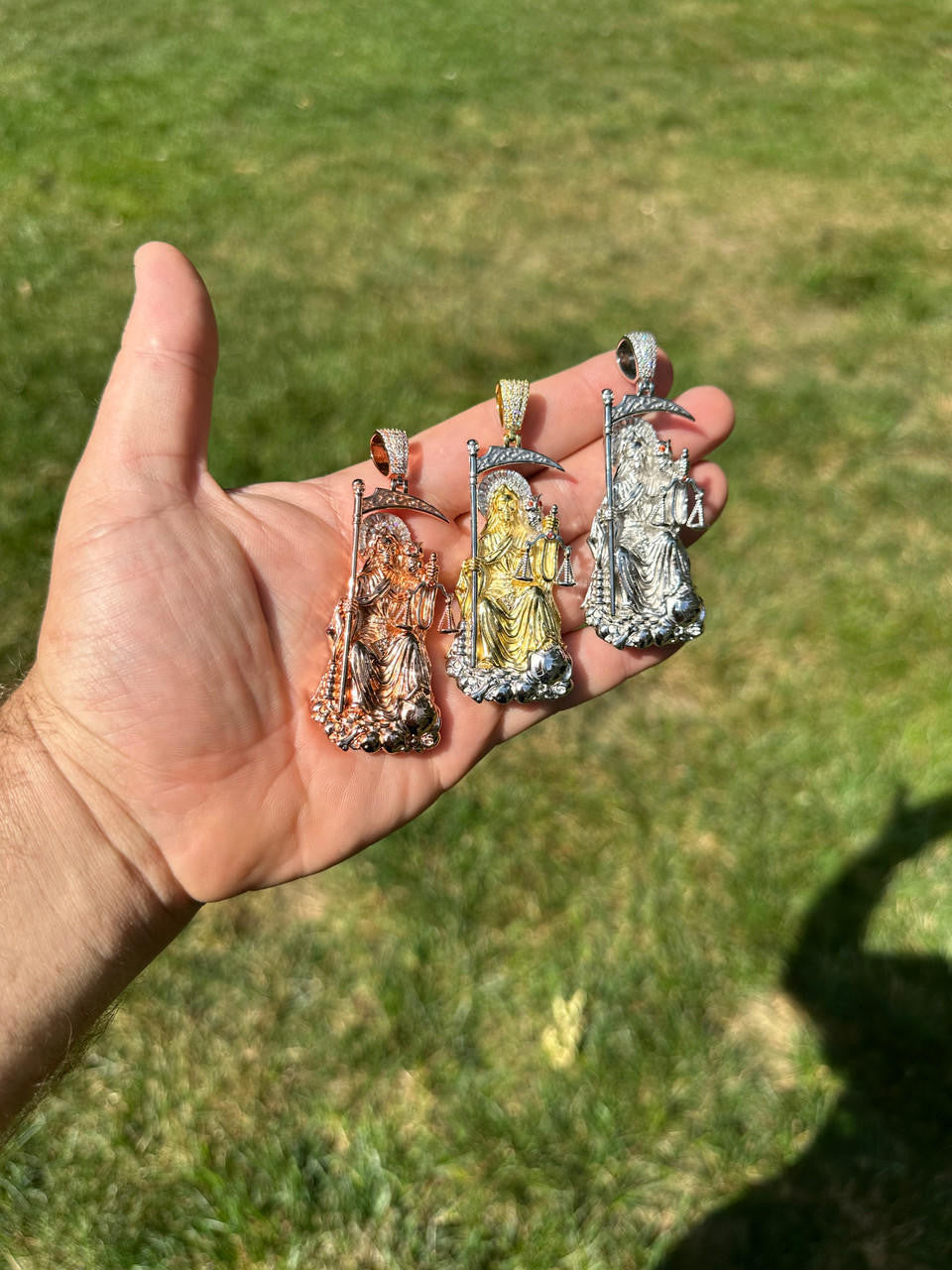 MOISSANITE Santa Muerte Grim Reaper Pendant - 14k Yellow/Rose Gold Vermeil or 925 Silver - Large 3"