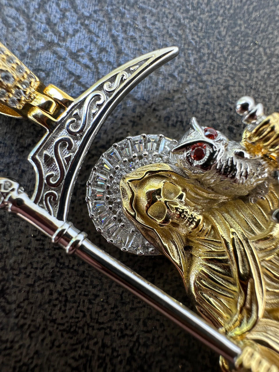 MOISSANITE Santa Muerte Grim Reaper Pendant - 14k Yellow/Rose Gold Vermeil or 925 Silver - Large 3"