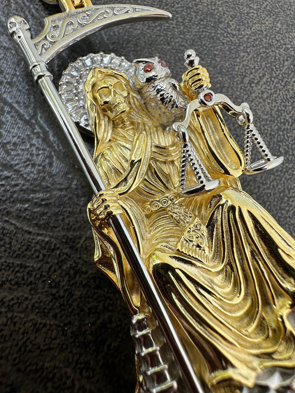 MOISSANITE Santa Muerte Grim Reaper Pendant - 14k Yellow/Rose Gold Vermeil or 925 Silver - Large 3"