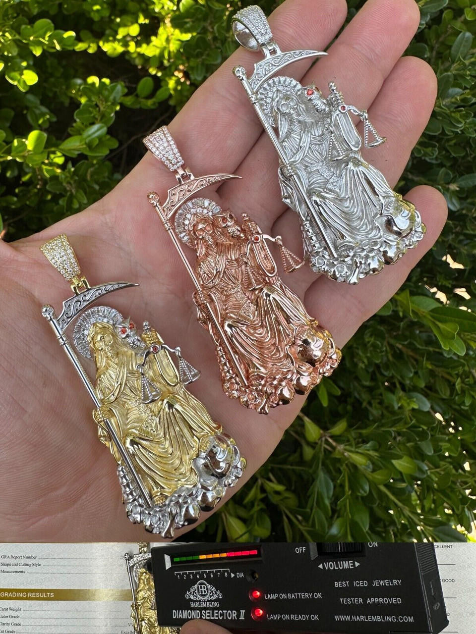 MOISSANITE Santa Muerte Grim Reaper Pendant - 14k Yellow/Rose Gold Vermeil or 925 Silver - Large 3"