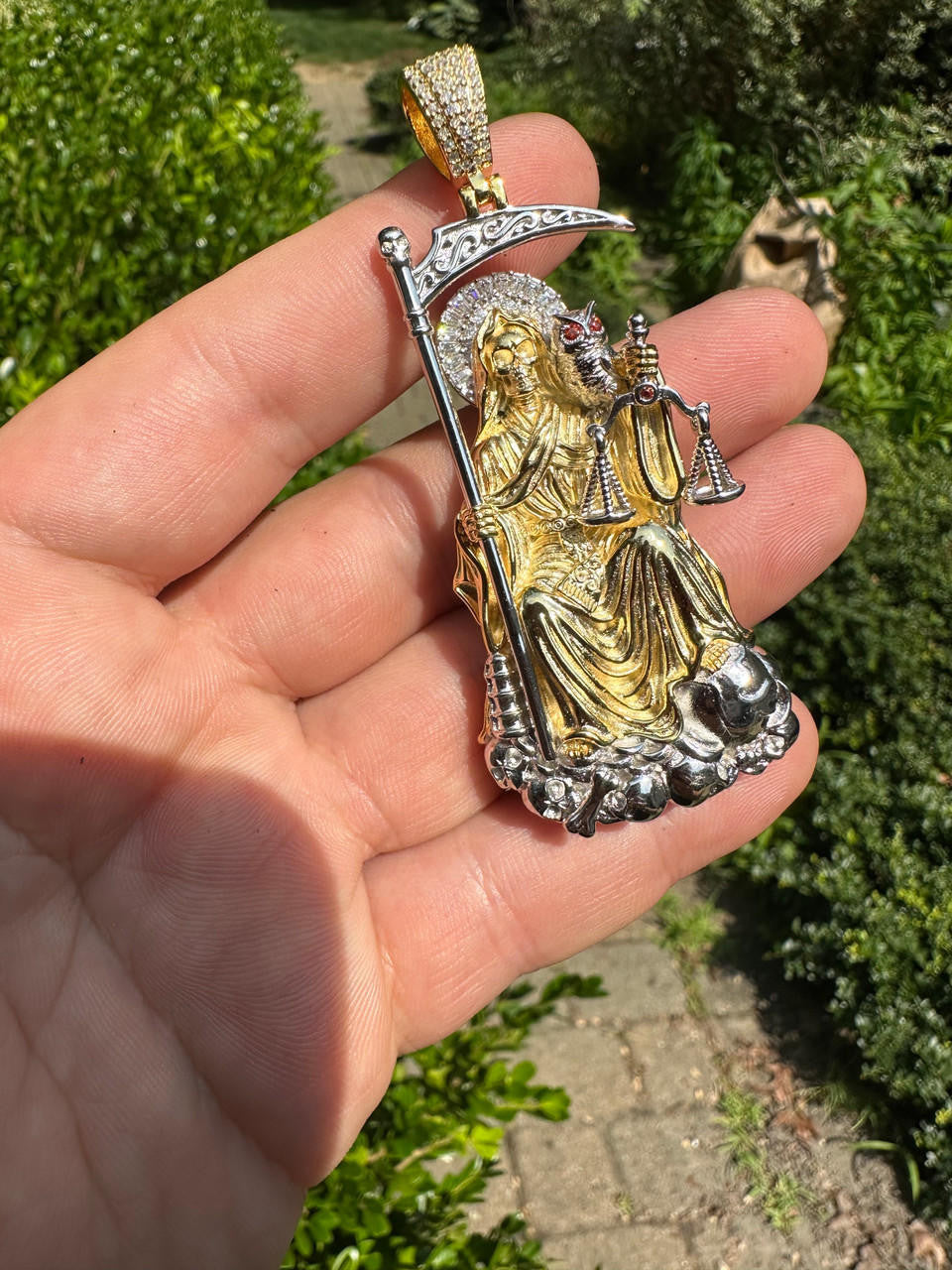 MOISSANITE Santa Muerte Grim Reaper Pendant - 14k Yellow/Rose Gold Vermeil or 925 Silver - Large 3"