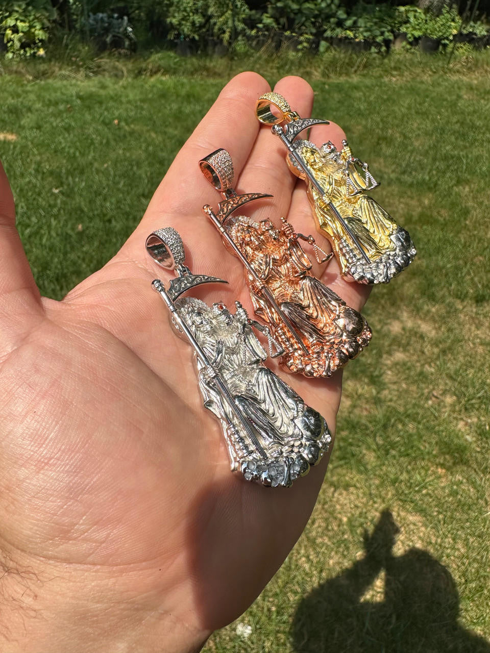 MOISSANITE Santa Muerte Grim Reaper Pendant - 14k Yellow/Rose Gold Vermeil or 925 Silver - Large 3"