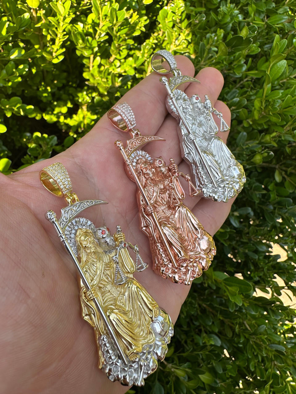 MOISSANITE Santa Muerte Grim Reaper Pendant - 14k Yellow/Rose Gold Vermeil or 925 Silver - Large 3"