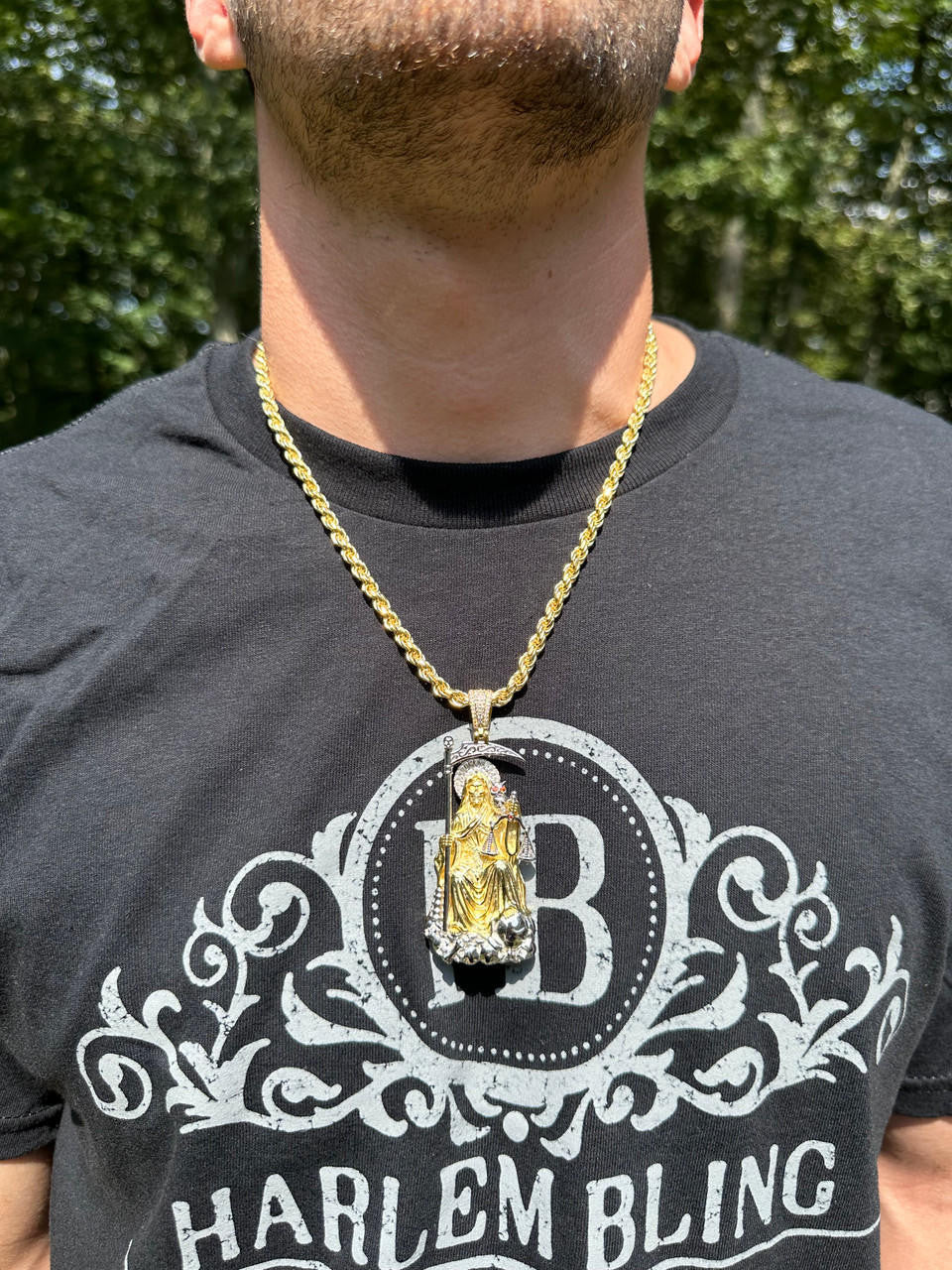 MOISSANITE Santa Muerte Grim Reaper Pendant - 14k Yellow/Rose Gold Vermeil or 925 Silver - Large 3"