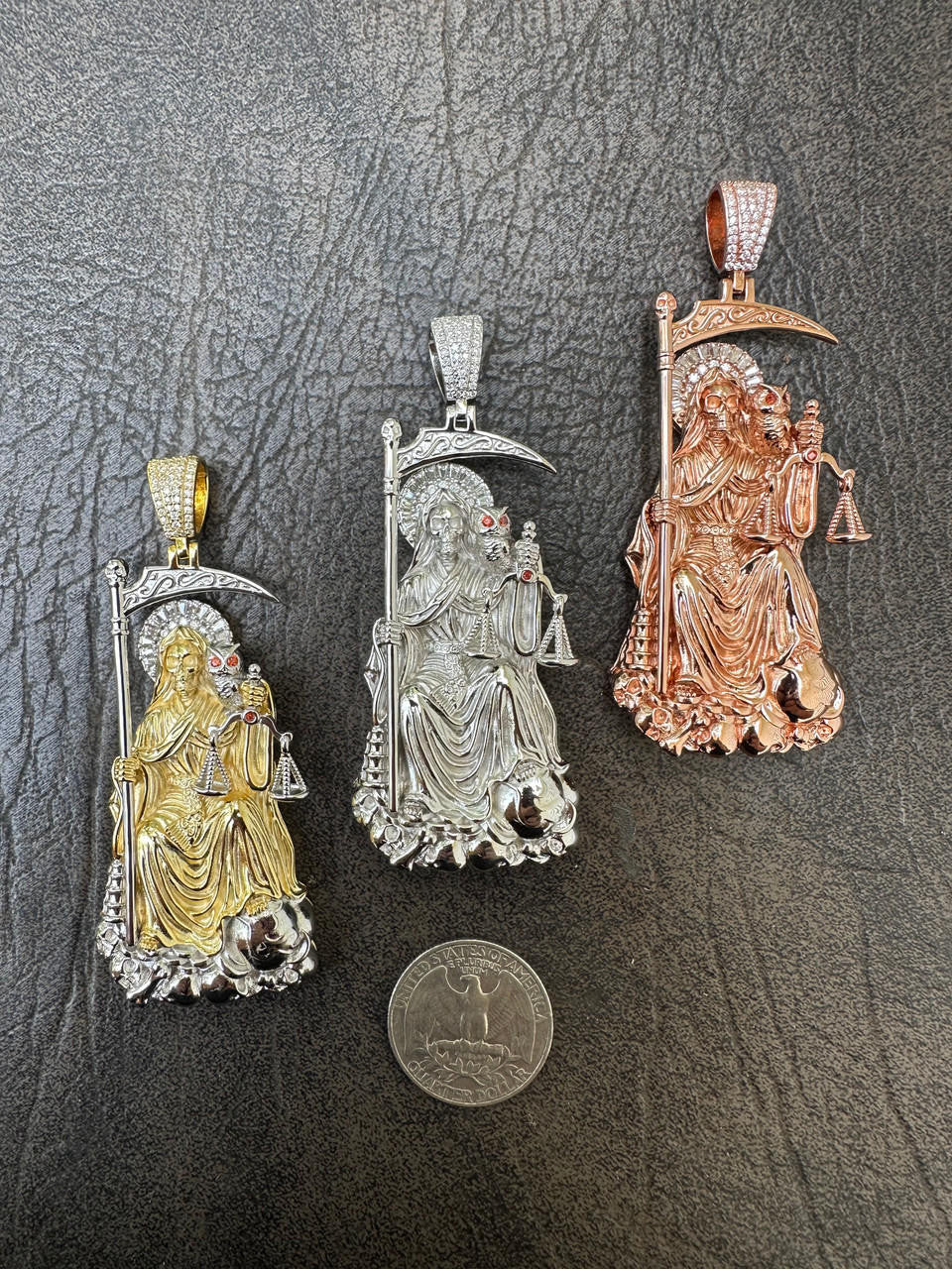 MOISSANITE Santa Muerte Grim Reaper Pendant - 14k Yellow/Rose Gold Vermeil or 925 Silver - Large 3"