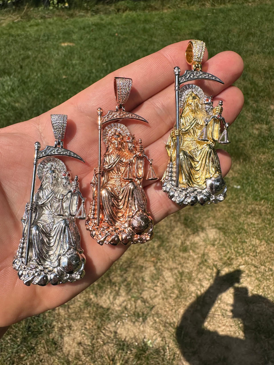 MOISSANITE Santa Muerte Grim Reaper Pendant - 14k Yellow/Rose Gold Vermeil or 925 Silver - Large 3"