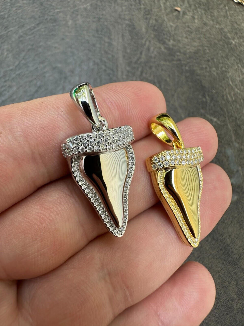 MOISSANITE Shark Tooth Iced Out Pendant - 14k Gold Vermeil Or 925 Silver - Small 1"