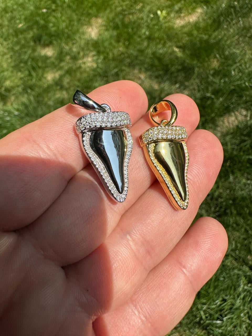 MOISSANITE Shark Tooth Iced Out Pendant - 14k Gold Vermeil Or 925 Silver - Small 1"