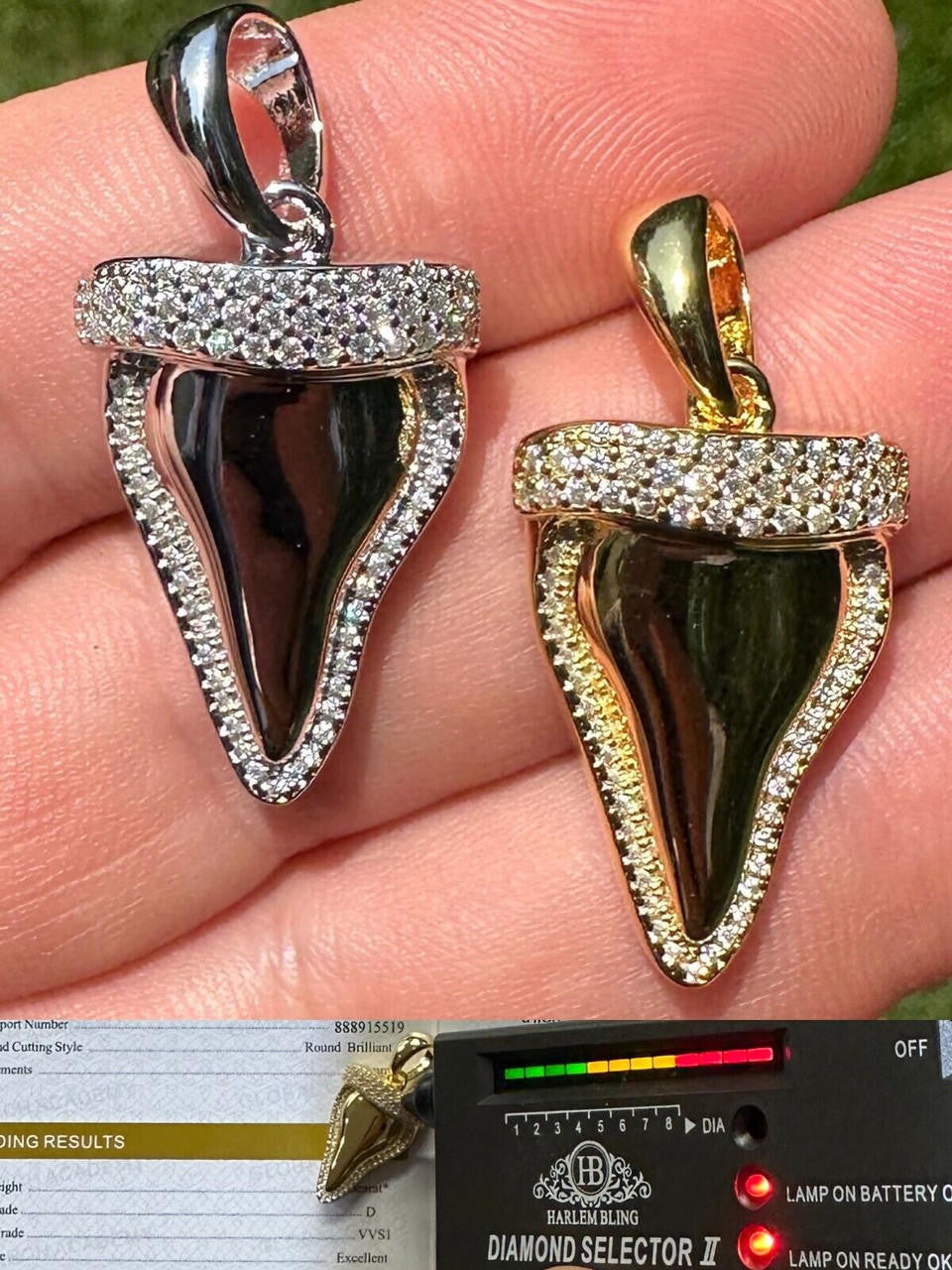 MOISSANITE Shark Tooth Iced Out Pendant - 14k Gold Vermeil Or 925 Silver - Small 1"