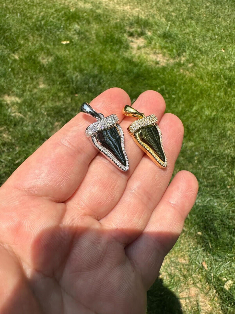 MOISSANITE Shark Tooth Iced Out Pendant - 14k Gold Vermeil Or 925 Silver - Small 1"