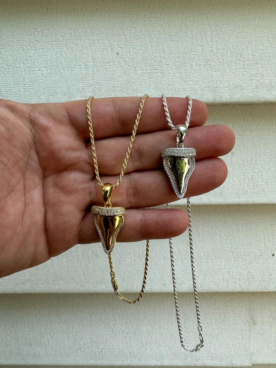 MOISSANITE Shark Tooth Iced Out Pendant - 14k Gold Vermeil Or 925 Silver - Small 1"