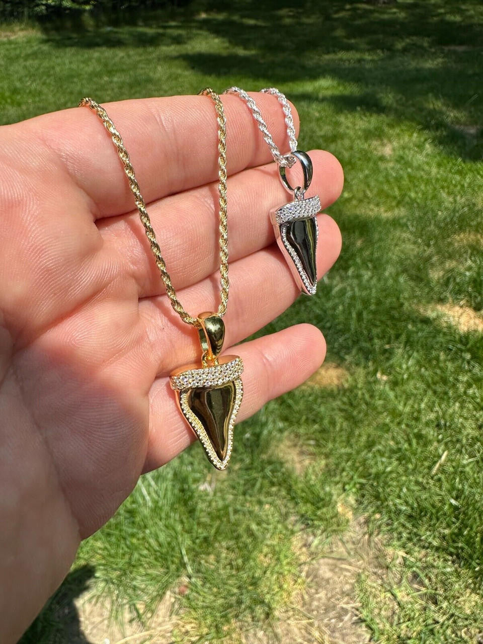 MOISSANITE Shark Tooth Iced Out Pendant - 14k Gold Vermeil Or 925 Silver - Small 1"