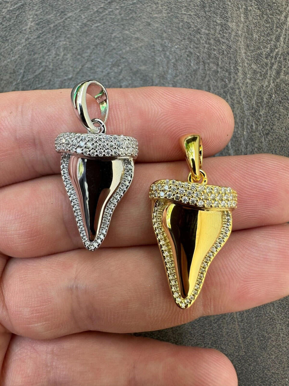 MOISSANITE Shark Tooth Iced Out Pendant - 14k Gold Vermeil Or 925 Silver - Small 1"