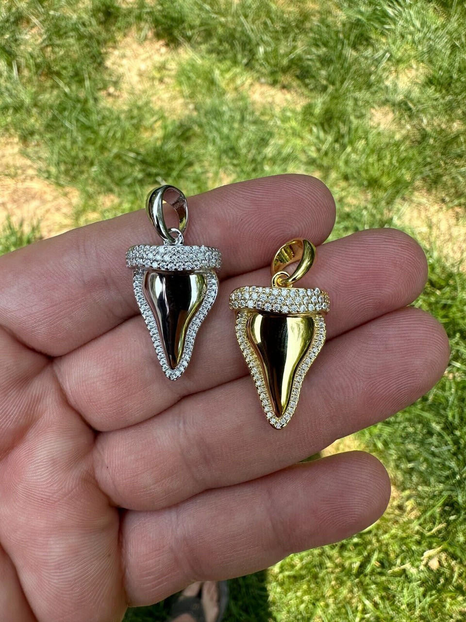 MOISSANITE Shark Tooth Iced Out Pendant - 14k Gold Vermeil Or 925 Silver - Small 1"