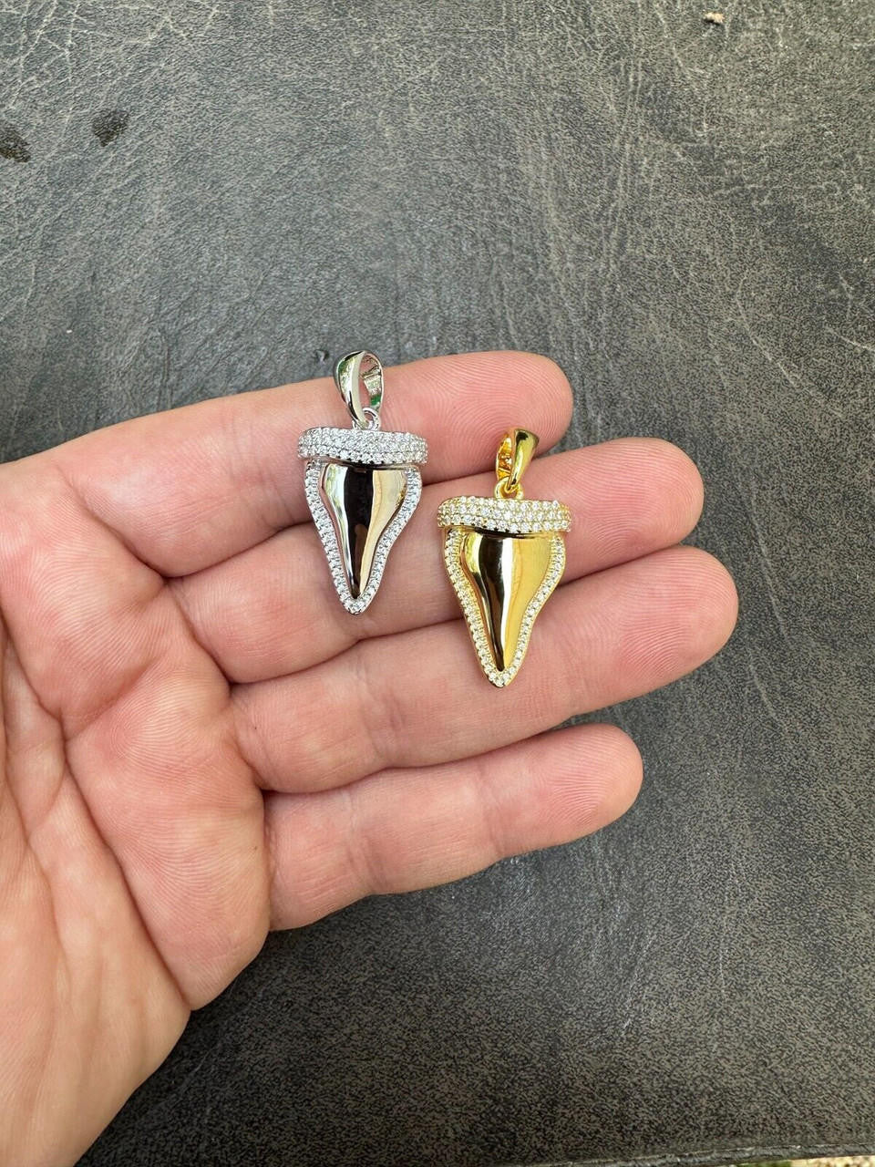 MOISSANITE Shark Tooth Iced Out Pendant - 14k Gold Vermeil Or 925 Silver - Small 1"