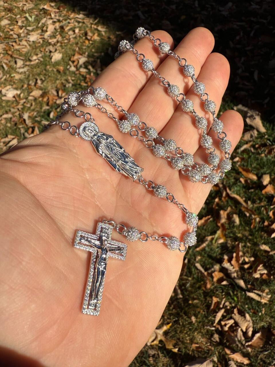 MOISSANITE Sinaloa Cartel Fully Iced Out Rosary Beads Necklace - 925 Silver - 6mm - 30"