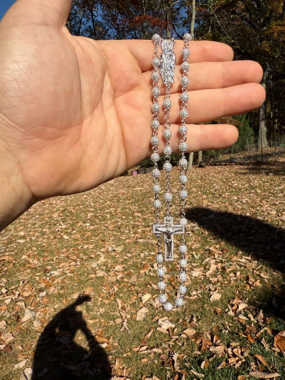 MOISSANITE Sinaloa Cartel Fully Iced Out Rosary Beads Necklace - 925 Silver - 6mm - 30"