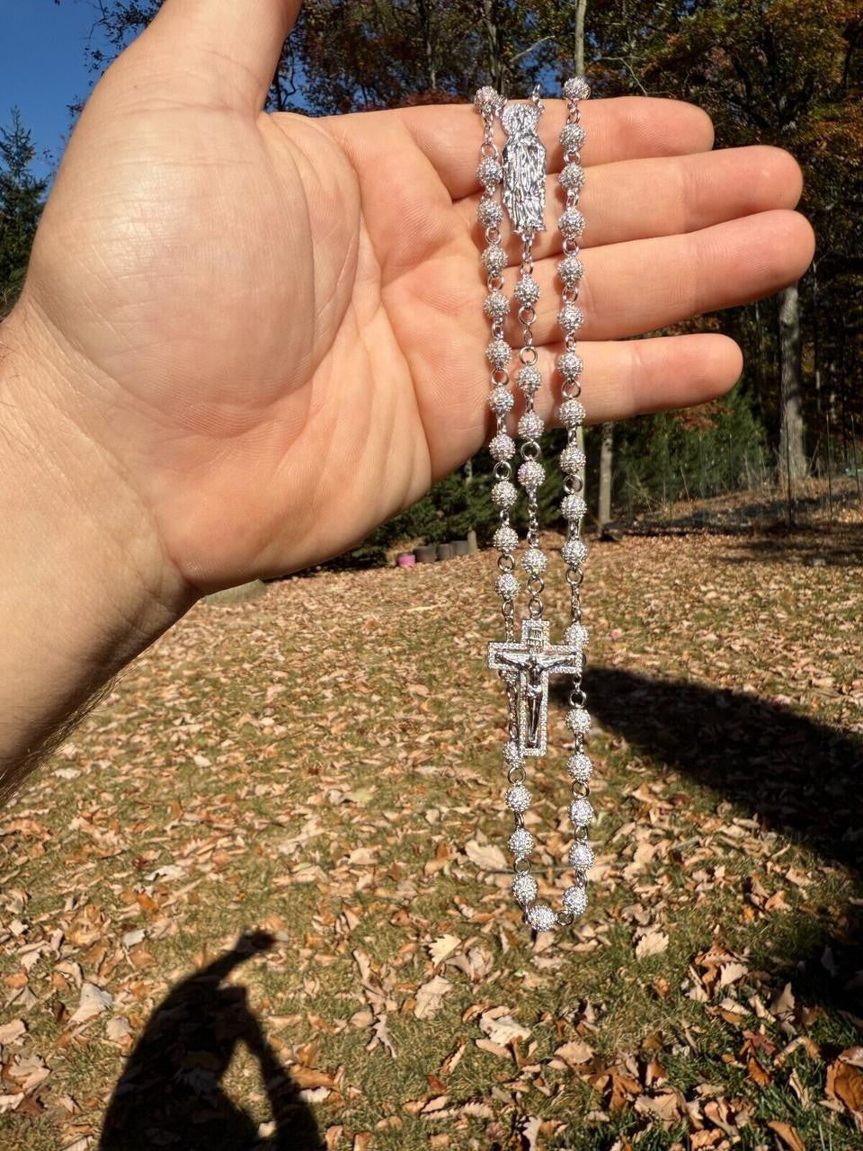 MOISSANITE Sinaloa Cartel Fully Iced Out Rosary Beads Necklace - 925 Silver - 6mm - 30"