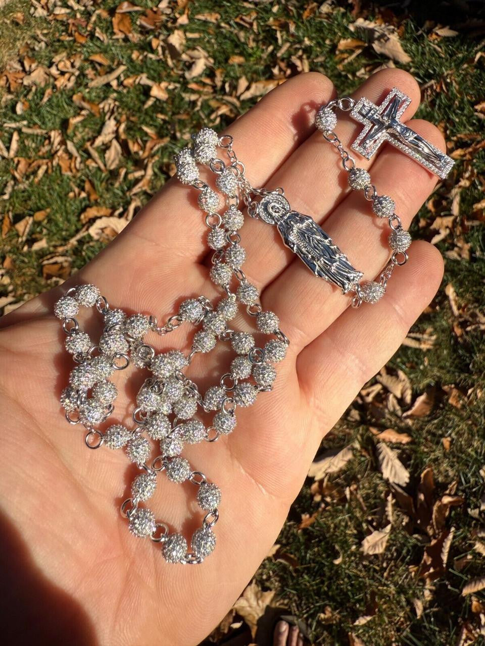 MOISSANITE Sinaloa Cartel Fully Iced Out Rosary Beads Necklace - 925 Silver - 6mm - 30"