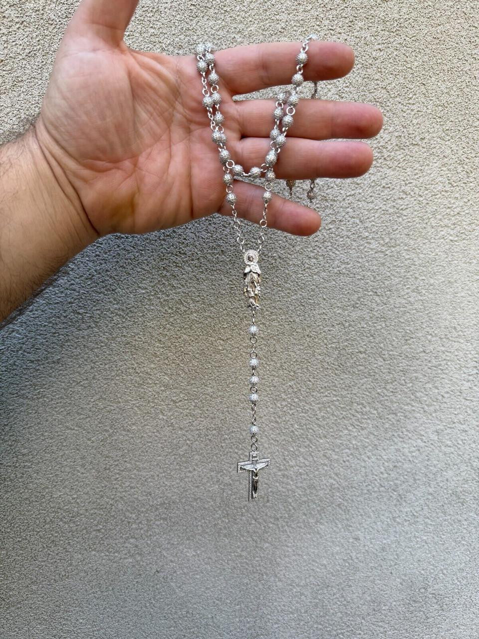 MOISSANITE Sinaloa Cartel Fully Iced Out Rosary Beads Necklace - 925 Silver - 6mm - 30"
