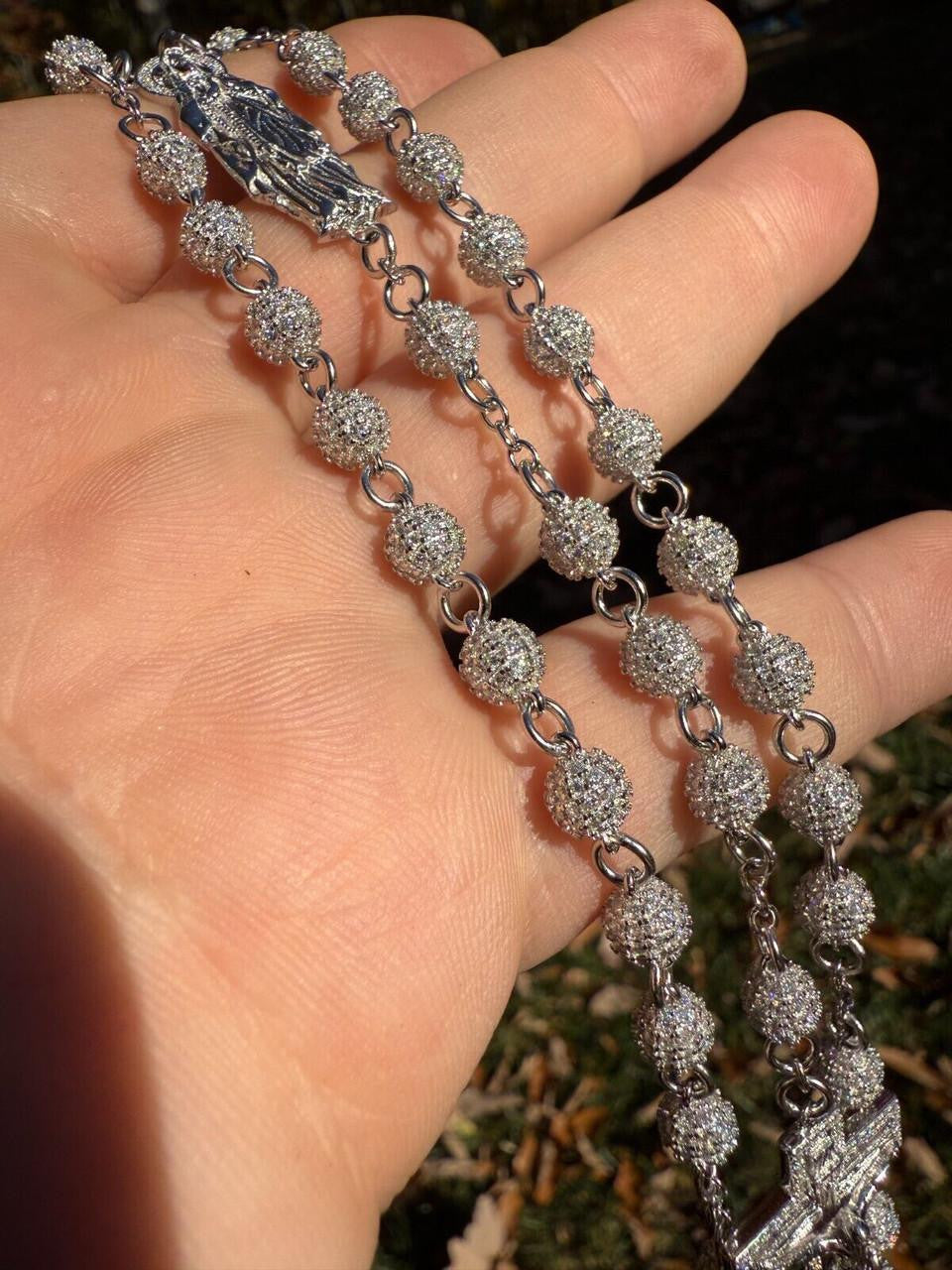 MOISSANITE Sinaloa Cartel Fully Iced Out Rosary Beads Necklace - 925 Silver - 6mm - 30"