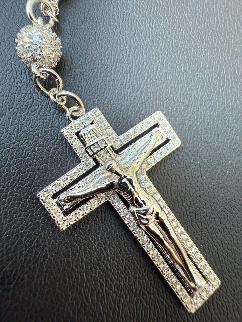 MOISSANITE Sinaloa Cartel Fully Iced Out Rosary Beads Necklace - 925 Silver - 6mm - 30"