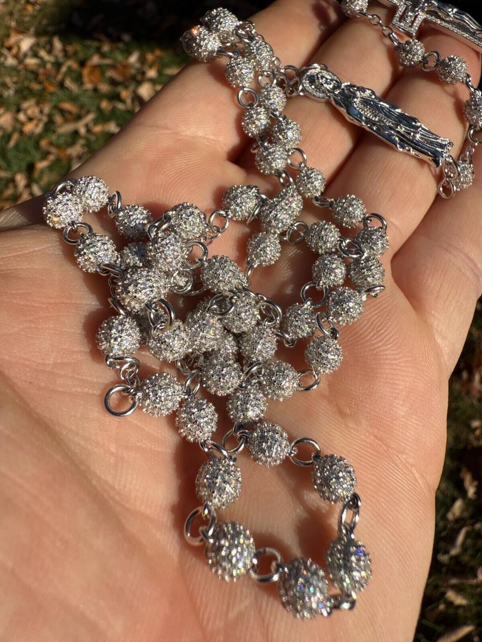 MOISSANITE Sinaloa Cartel Fully Iced Out Rosary Beads Necklace - 925 Silver - 6mm - 30"