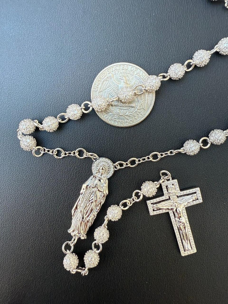 MOISSANITE Sinaloa Cartel Fully Iced Out Rosary Beads Necklace - 925 Silver - 6mm - 30"