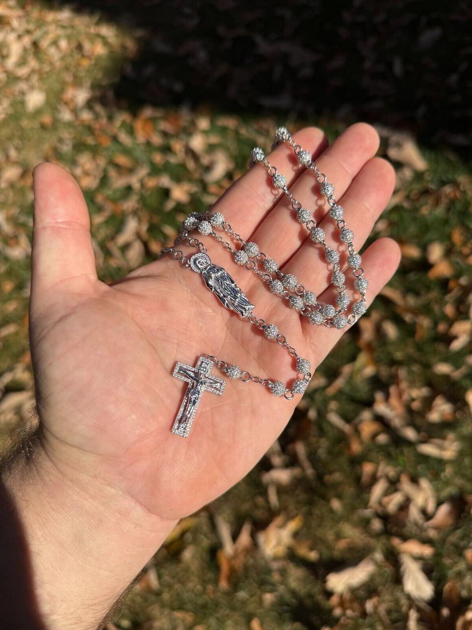 MOISSANITE Sinaloa Cartel Fully Iced Out Rosary Beads Necklace - 925 Silver - 6mm - 30"