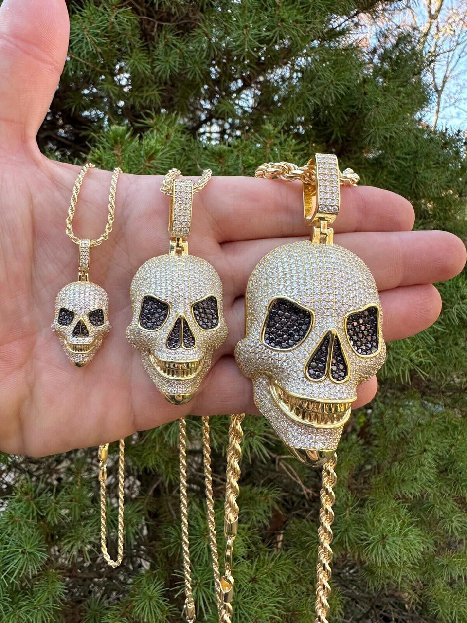 MOISSANITE 3D Skull Iced Out Pendant - 14k Gold Vermeil 925 Silver - 3 Sizes 1.5"-3.5"