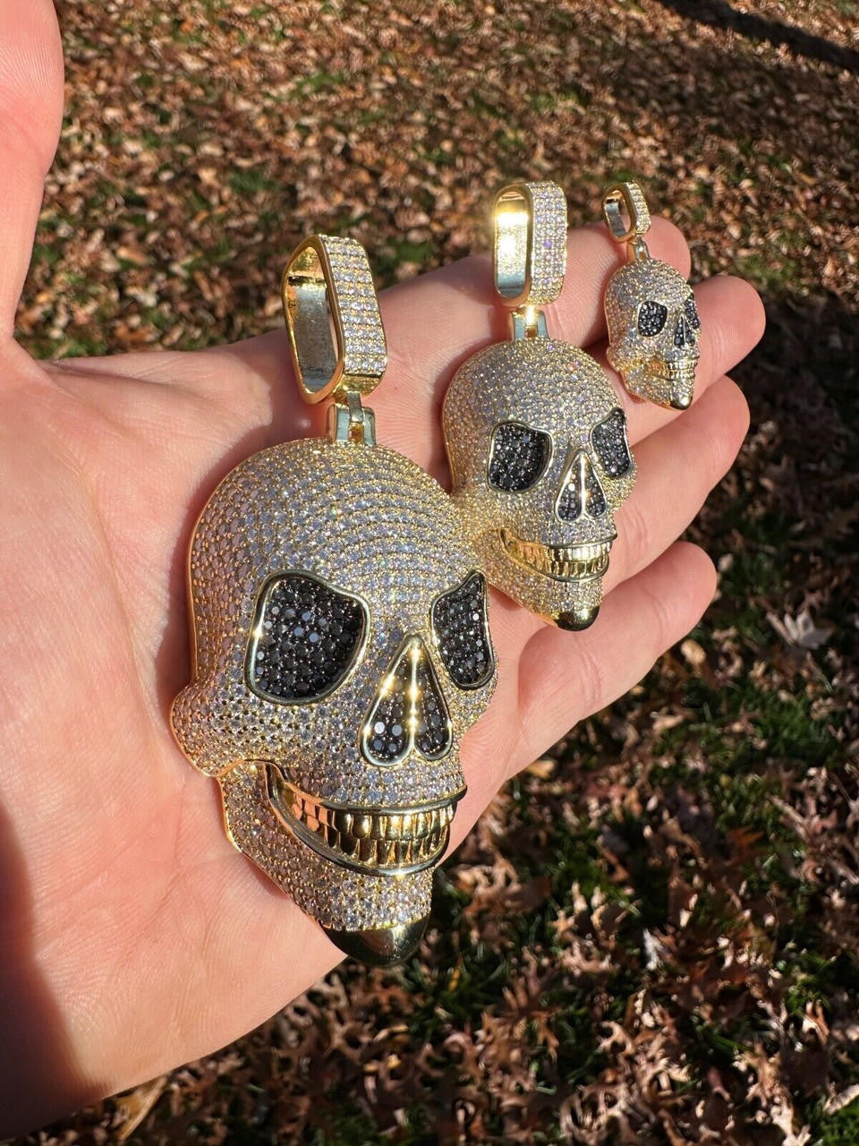 MOISSANITE 3D Skull Iced Out Pendant - 14k Gold Vermeil 925 Silver - 3 Sizes 1.5"-3.5"