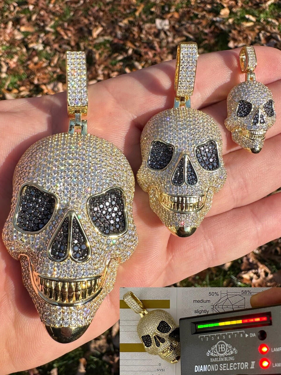 MOISSANITE 3D Skull Iced Out Pendant - 14k Gold Vermeil 925 Silver - 3 Sizes 1.5"-3.5"